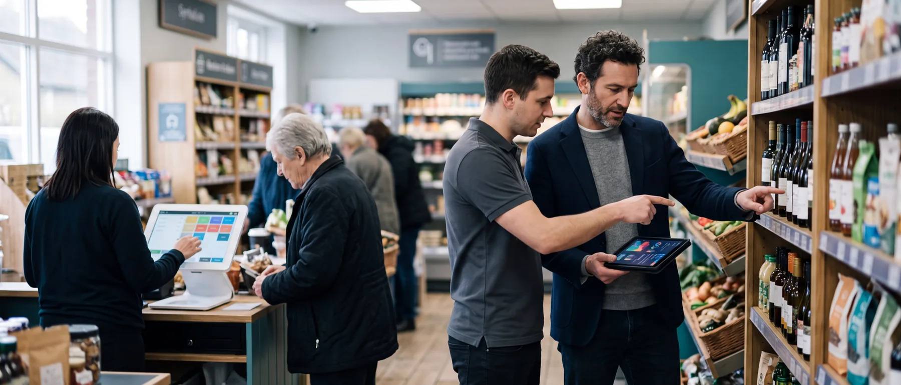 Un consultant et un responsable de magasin consultant une tablette dans un rayon, une caisse en arrière-plan