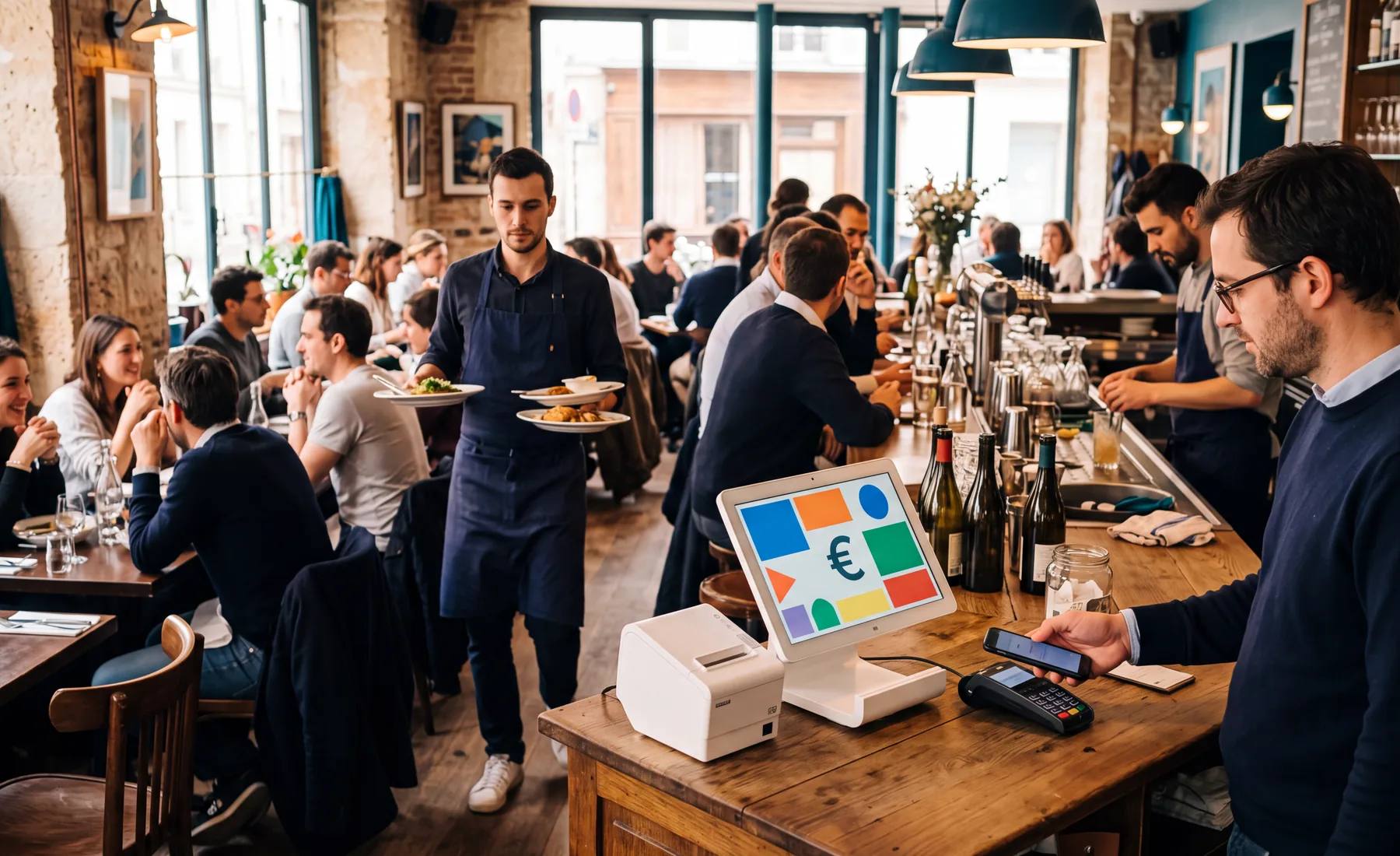 Salle de bistrot en plein service : un serveur avec des assiettes, un client réglant sans contact au comptoir