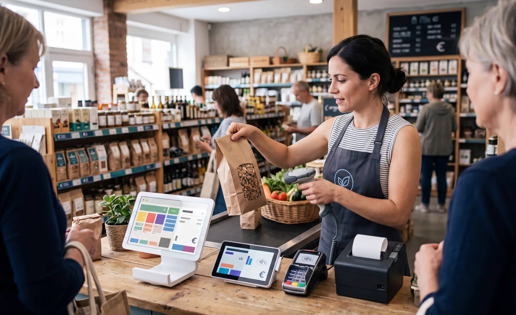 Comptoir d'une épicerie : une caissière scanne un sachet devant l'écran de caisse, rayons en arrière-plan