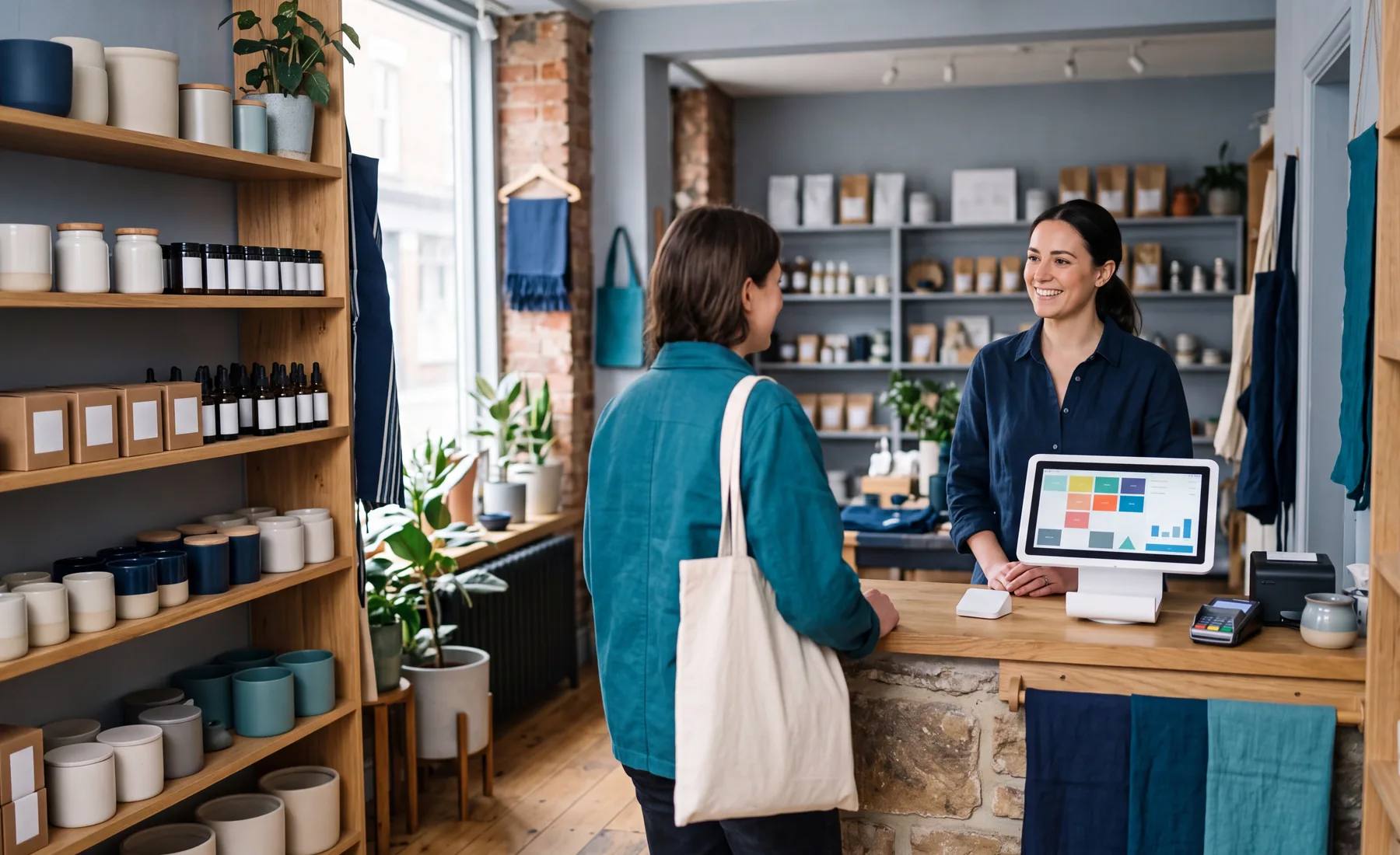 Intérieur d'une boutique vu de l'entrée : rayonnages en bois et, dans le même cadre, le comptoir avec le poste de caisse