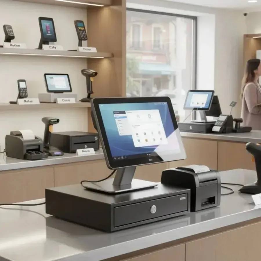 Un poste de caisse sur son comptoir, avec l'imprimante, le tiroir et le lecteur qui s'y raccordent