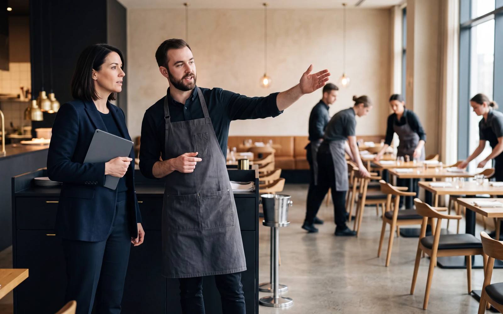 Un consultant et un responsable de restaurant observant la salle avant le service