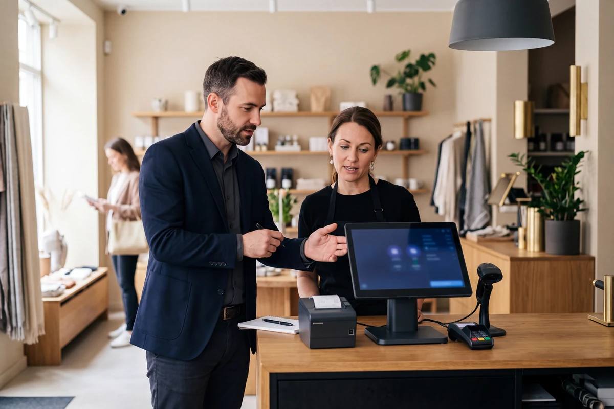 Un consultant et une commerçante devant un poste de caisse, discutant de l'équipement