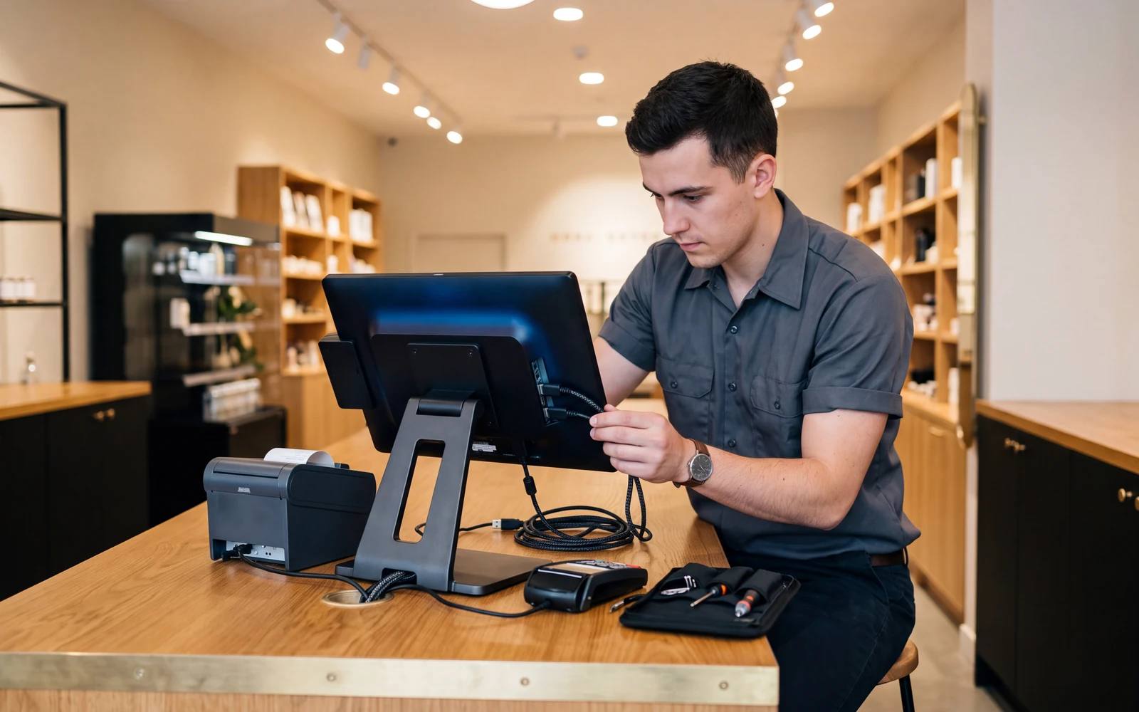 Un technicien raccordant un poste de caisse sur un comptoir, imprimante et terminal à côté