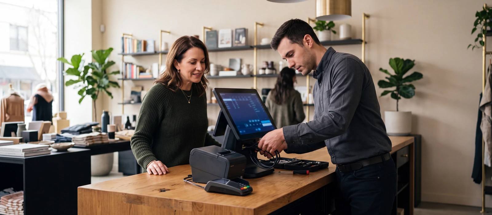 Un technicien vérifiant le branchement d'un poste de caisse, le commerçant à côté