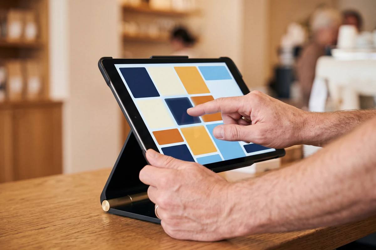 Deux mains réglant un catalogue sur une tablette de caisse montée sur un support