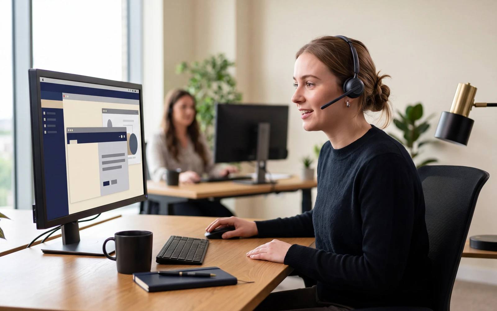 Une conseillère avec un casque, au téléphone devant un écran d'assistance à distance