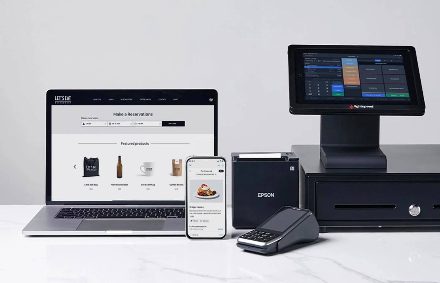 Une configuration matérielle Projexo : poste tactile, terminal de paiement, imprimante et tiroir-caisse