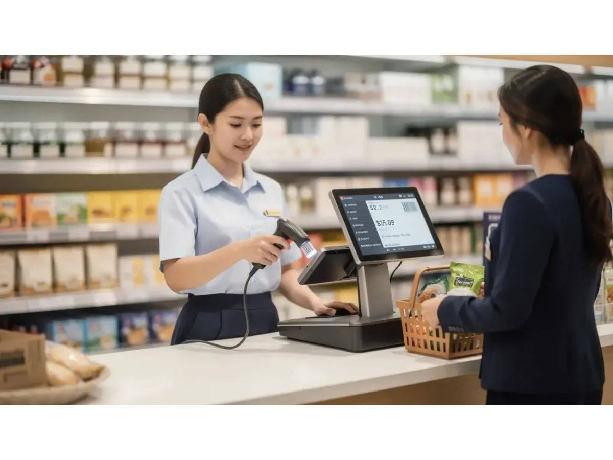 Un comptoir de boutique équipé : caisse tactile, lecteur de codes-barres et tiroir
