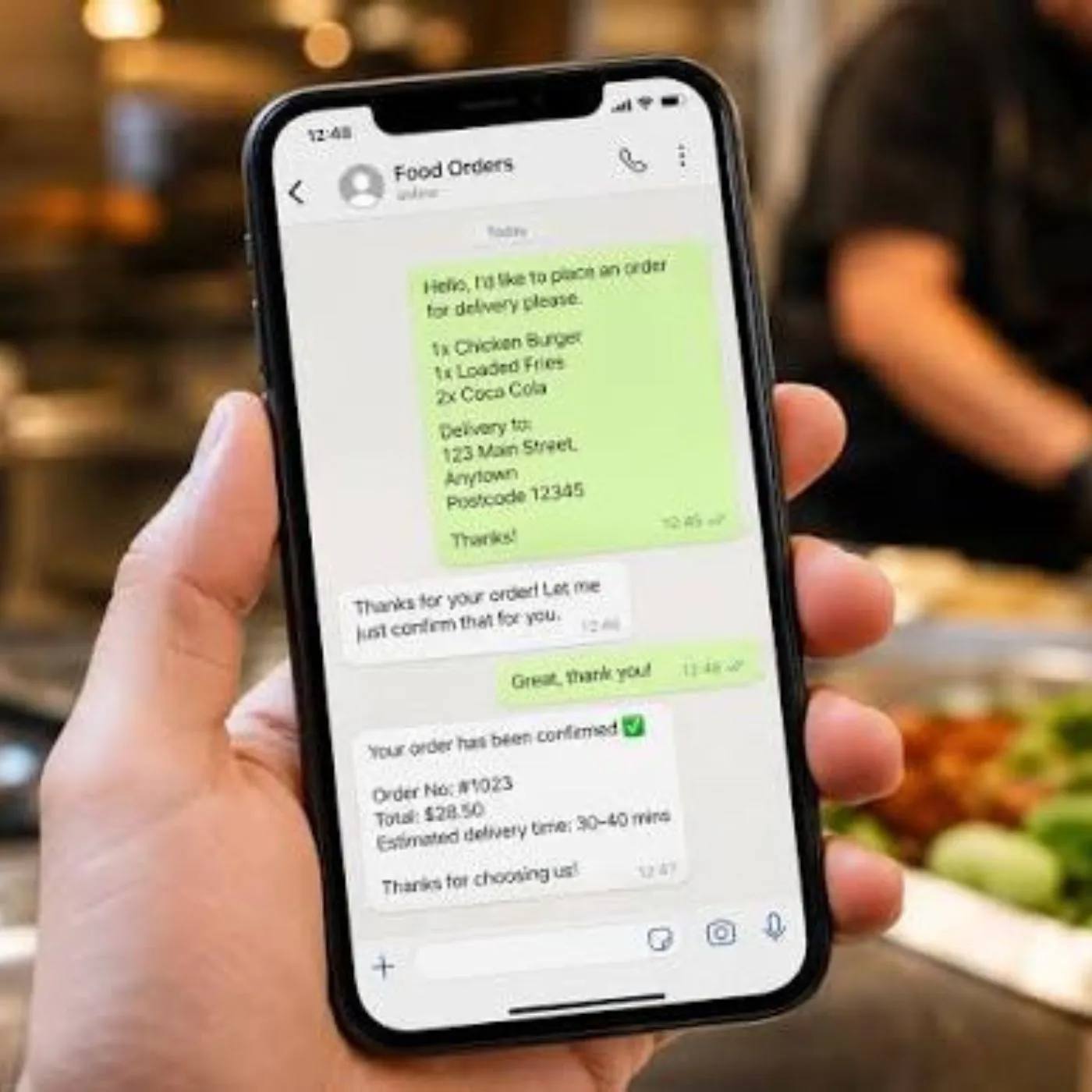 Un teléfono con una notificación de WhatsApp Business, dentro de un establecimiento