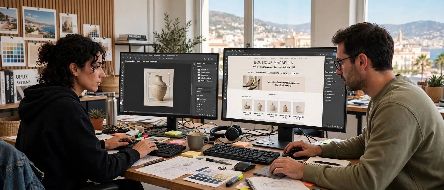 L'équipe Projexo en production : maquette de site et visuels à l'écran
