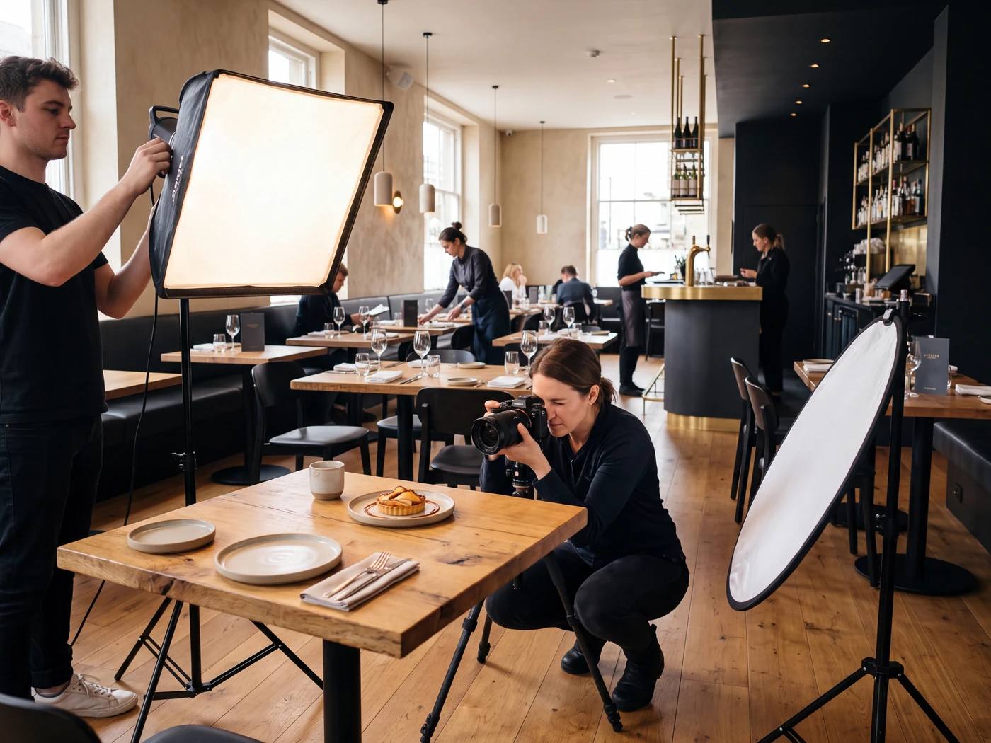 Prise de vue d'un plat dans un restaurant : photographe accroupi, boîte à lumière et réflecteur