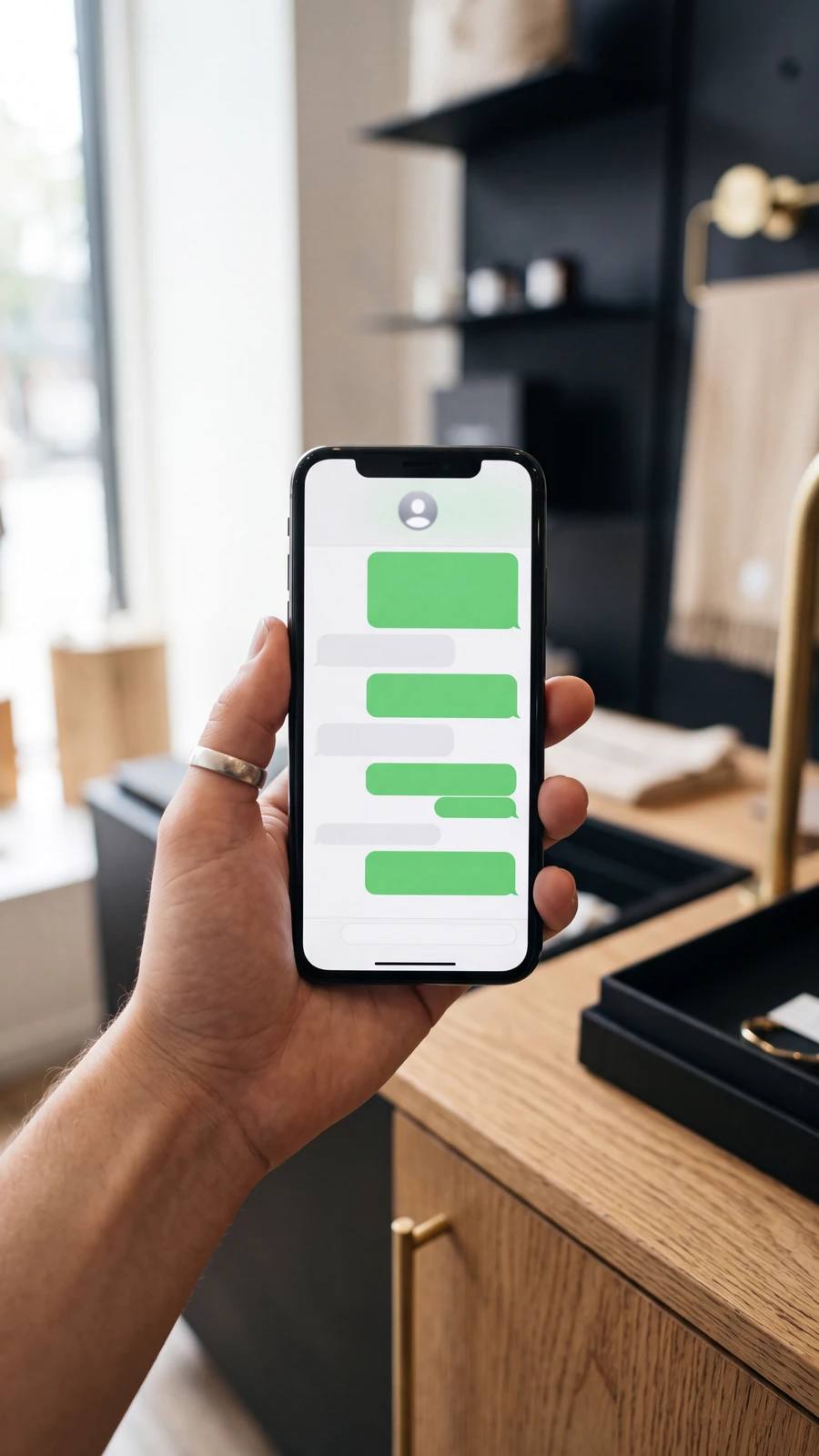 Une main tenant un téléphone affichant une conversation par messages, dans un commerce