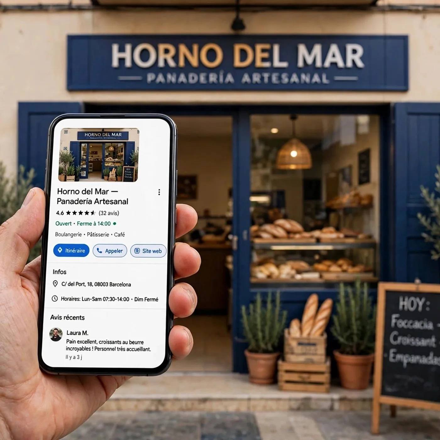 Una ficha de Google Business Profile en un teléfono, frente al escaparate del comercio