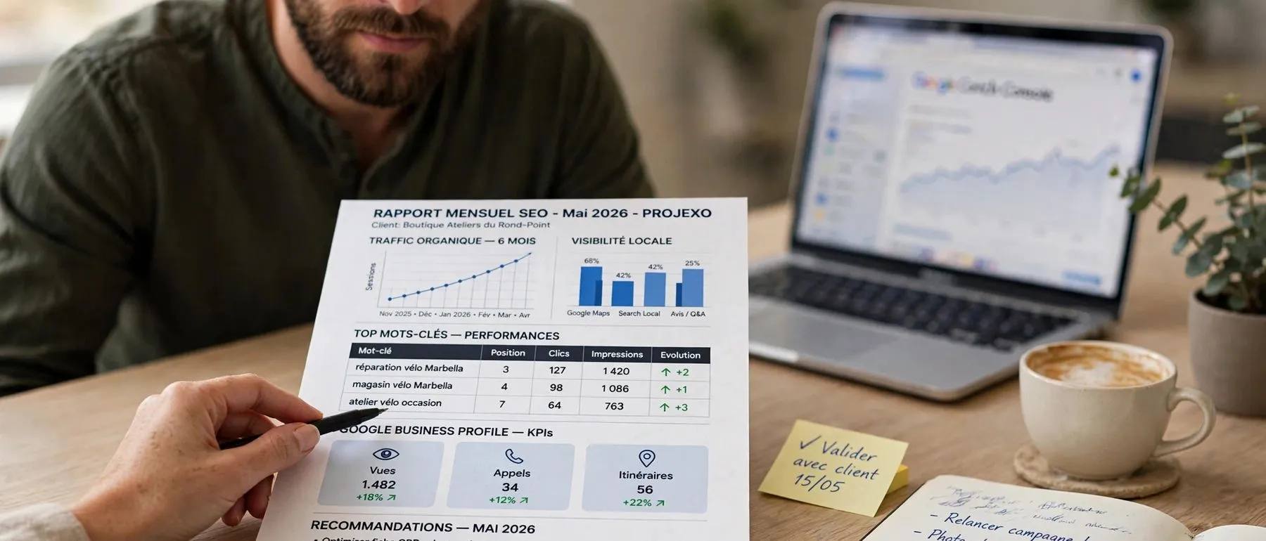 La revisión mensual de un informe de posicionamiento con el cliente