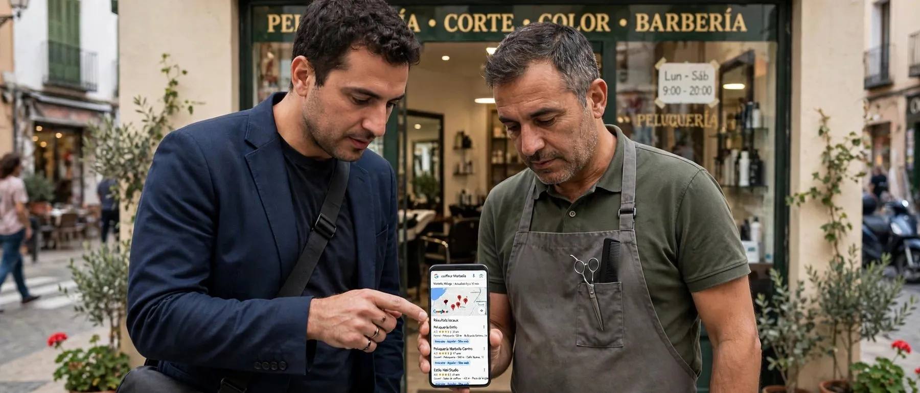 Un asesor y un comerciante miran una búsqueda local en un teléfono