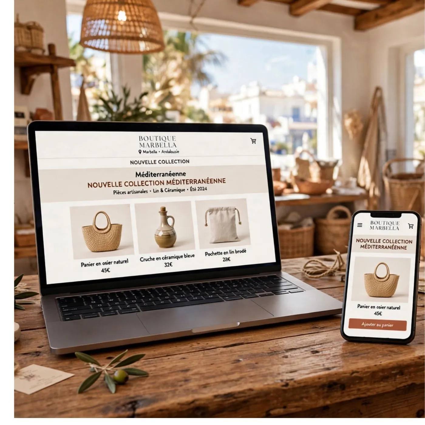 Un site web affiché sur ordinateur et téléphone, sur le comptoir d'un commerce