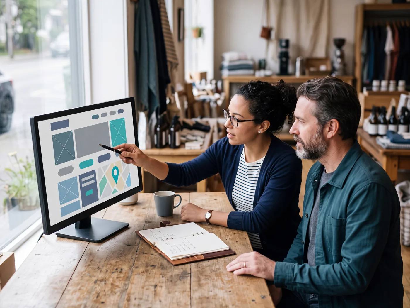 A consultant and a shopkeeper in front of a screen showing a website mock-up, notebook and coffee on the table