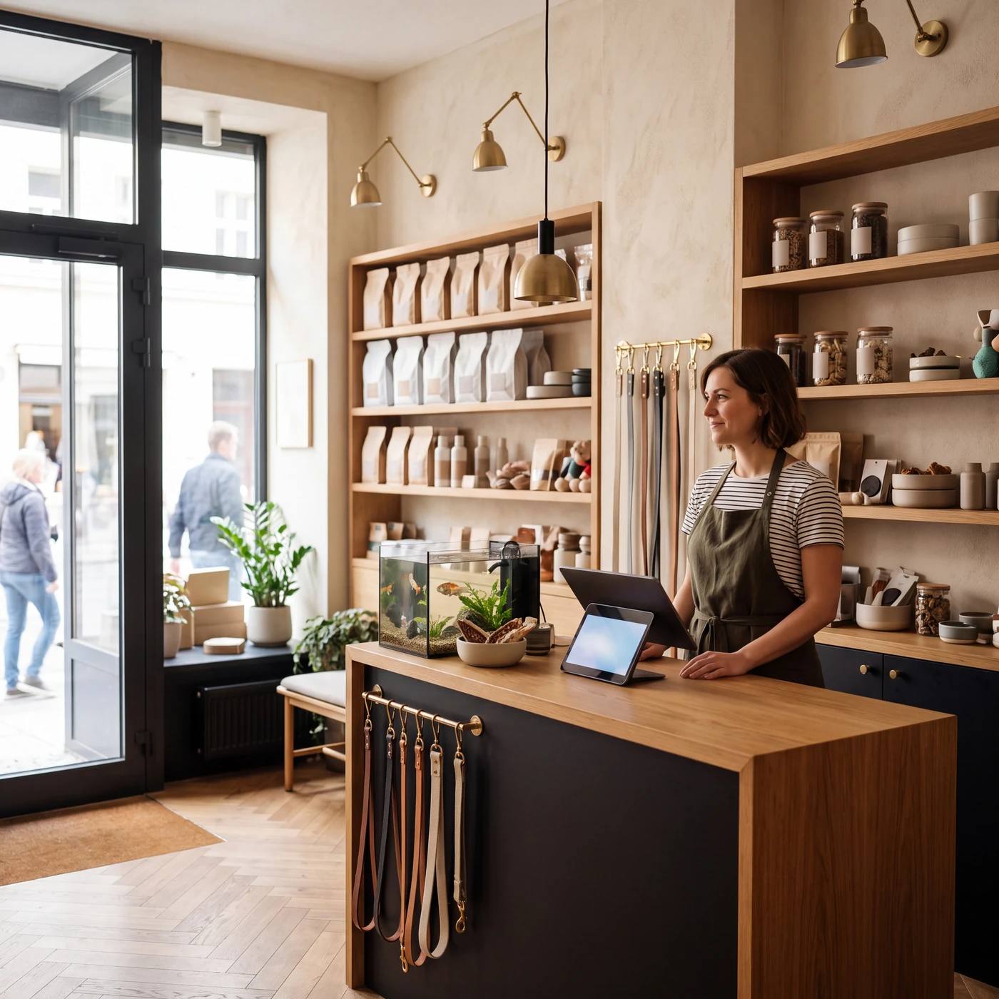 Intérieur d'une animalerie : rayonnages en chêne, comptoir avec tablette, laisses et aquarium