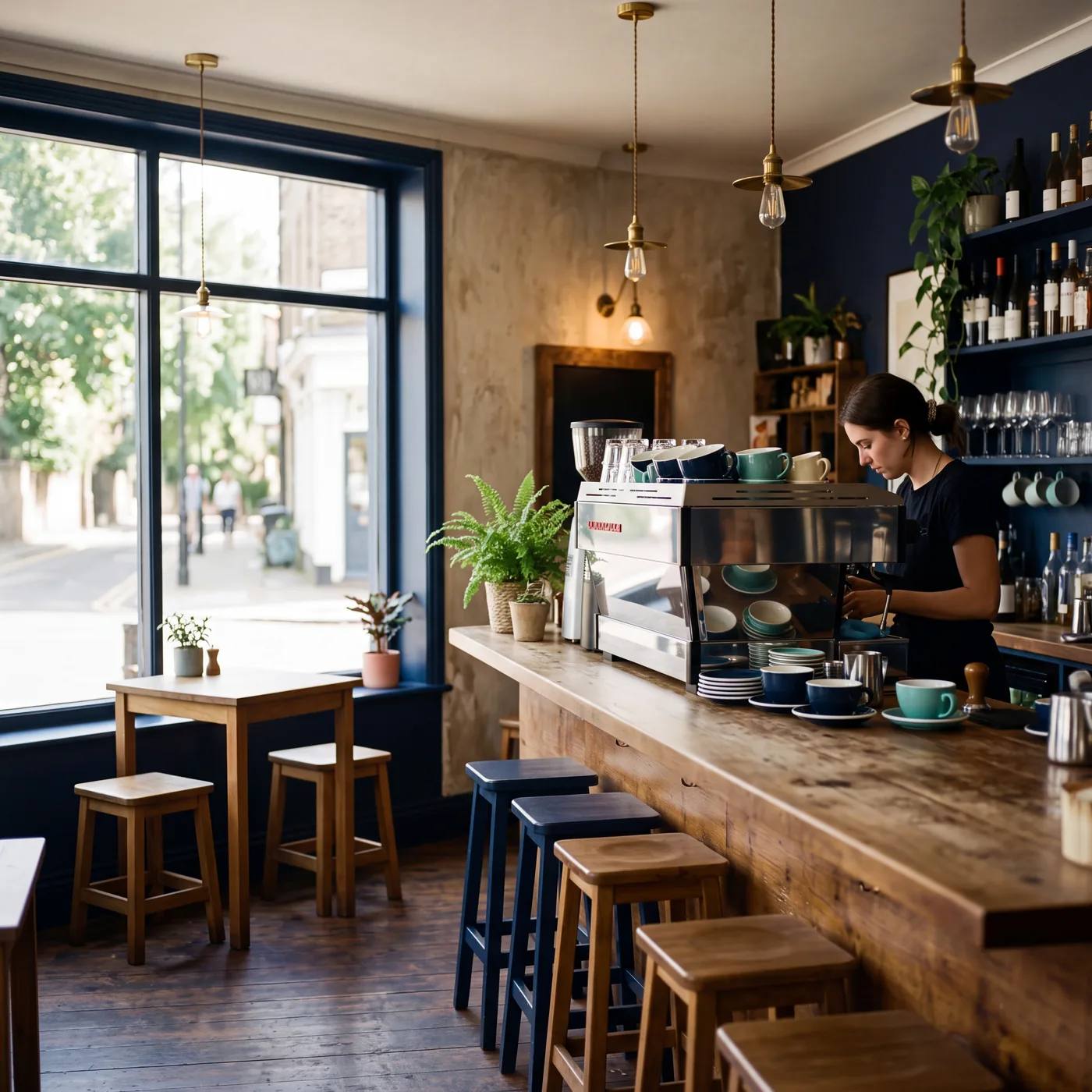 Barra de un café-bar por la mañana: máquina de espresso, taburetes, mesas junto al escaparate