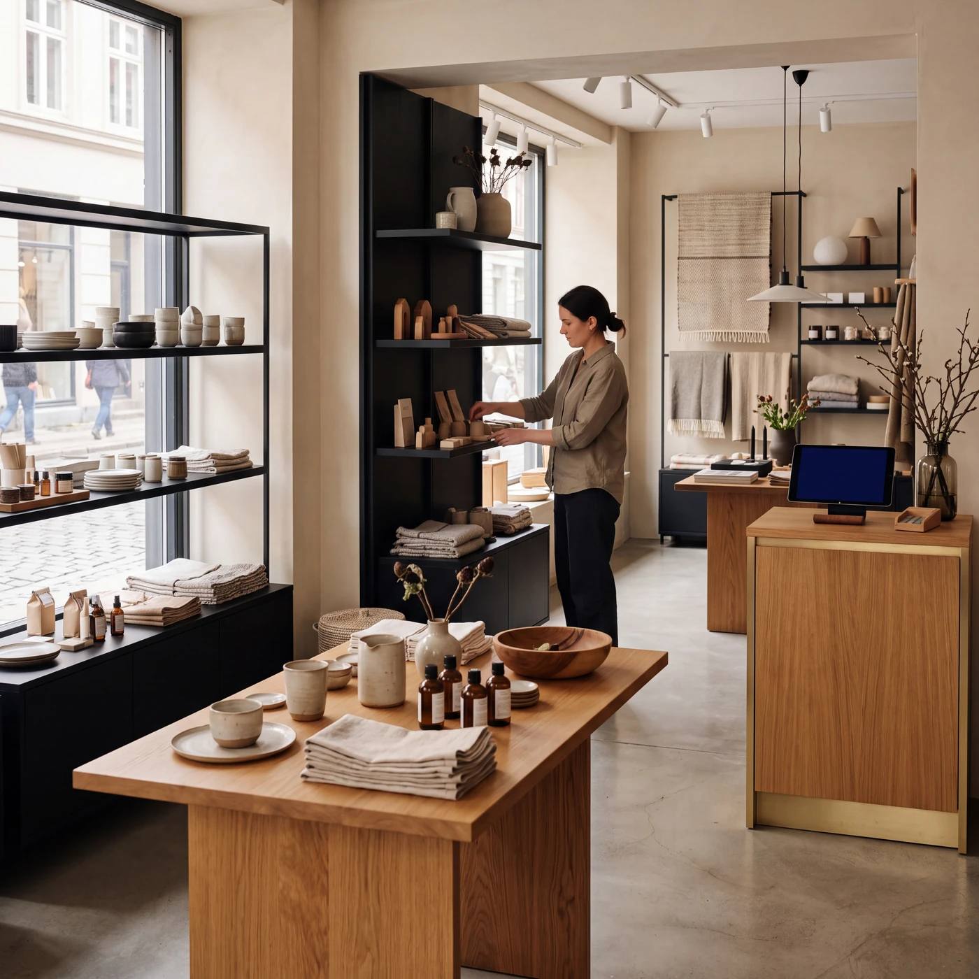 Intérieur d'un concept store : tables en chêne, céramiques et textiles, comptoir avec tablette