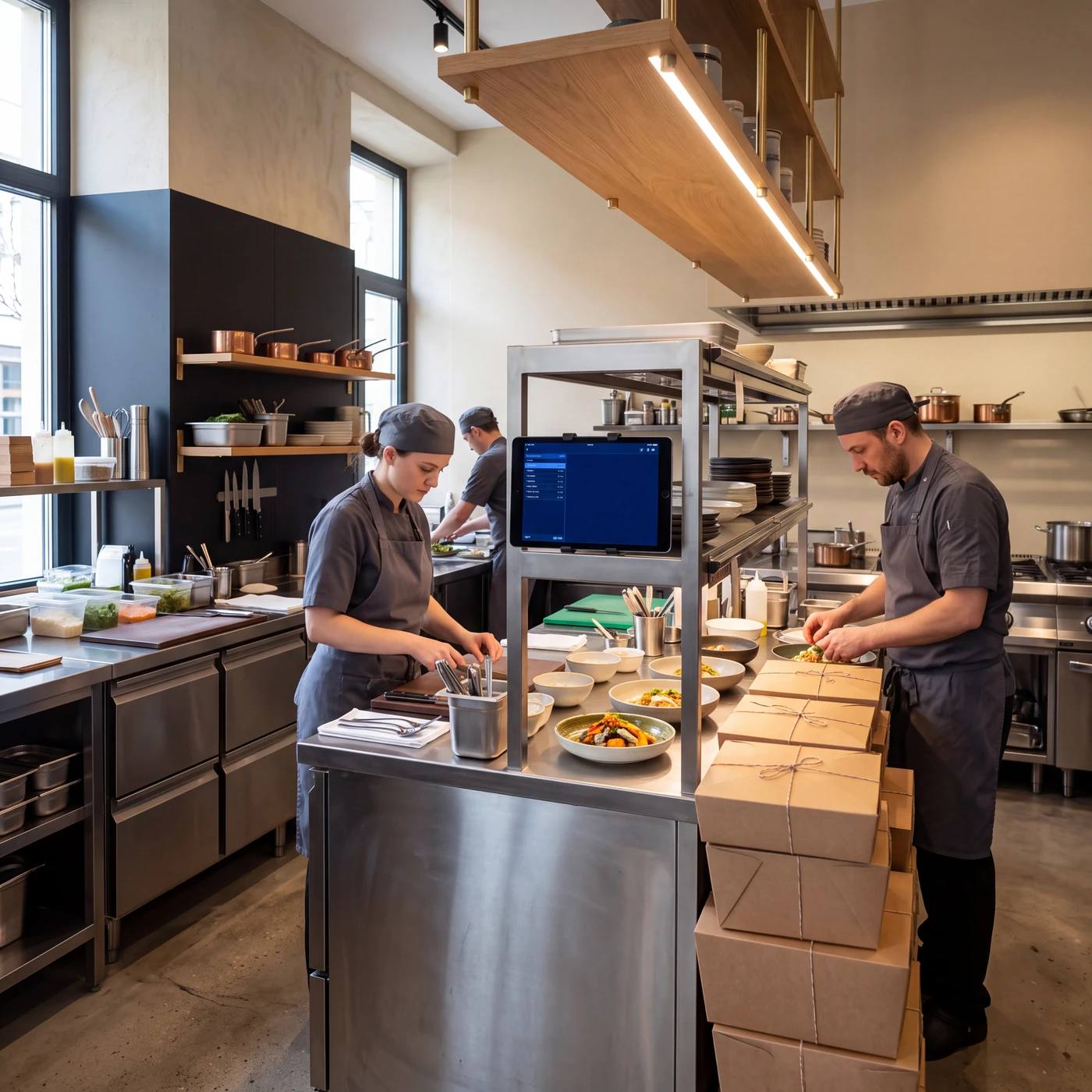 Cocina de producción moderna: línea de preparación en inox, dos cocineros en el pase, cajas de reparto alineadas